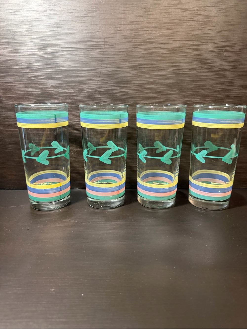 CALE Multicolor Striped Glass Tumblers with Green Vine Motif